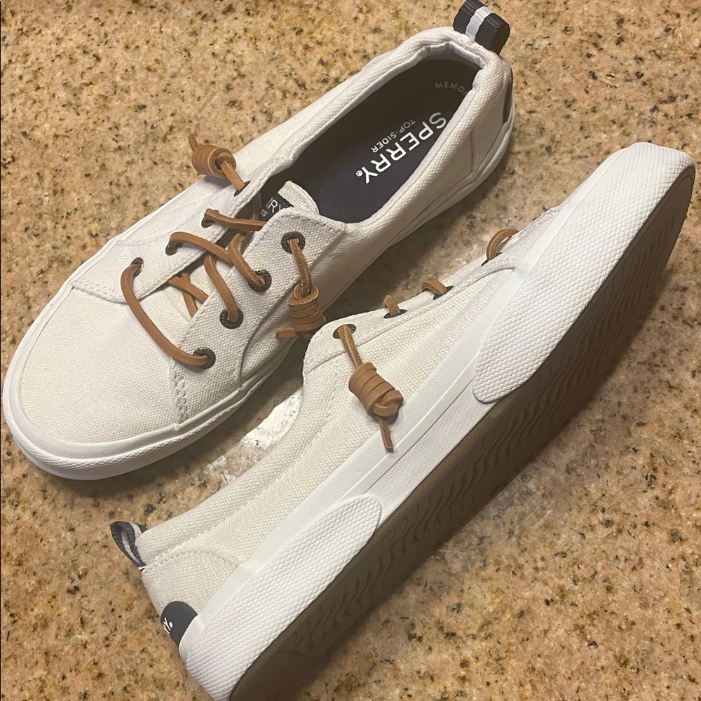 Sperry Topsiders Cream Canvas with Tan Leather Laces - Like New! Size 7 - Picture 2 of 12